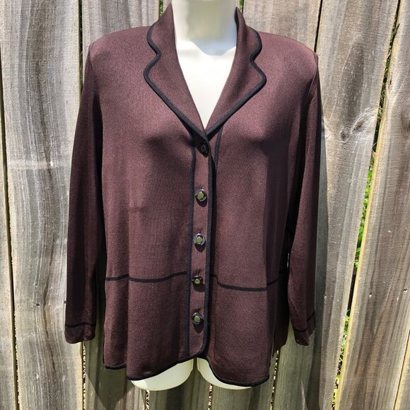 Exclusively Misook Medium Cardigan Sweater Brown Black Long Sleeve Button Top V